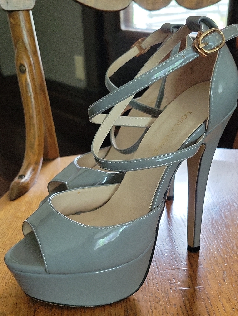 Gray Patent Peep-Toe Platform Heels with Crisscross Straps Suze 5.5